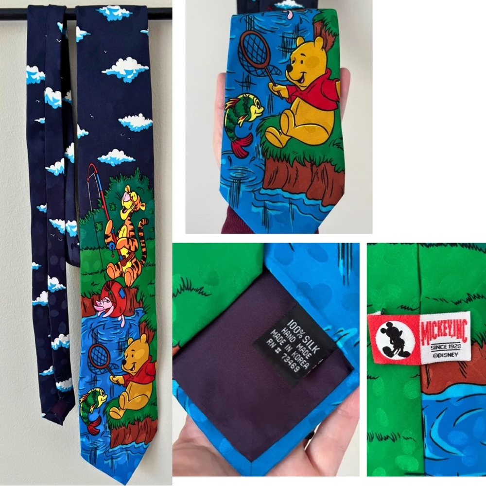 Disney 100% Silk Vintage Winnie the Pooh Characters Fishing Tie